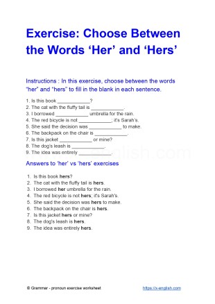 Exercise: Choose Between the Words 'Her' and 'Hers'; A free printable PDF grammar worksheet