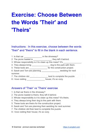 Exercise: Choose Between the Words 'Their' and 'Theirs' with a free printable PDF grammar worksheet