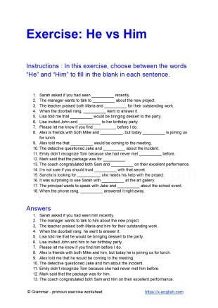 Exercise: He vs him ; A free printable PDF grammar worksheet