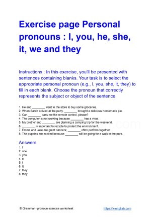Exercise page Personal pronouns : I, you, he, she, it, we and they ; A free printable PDF grammar worksheet