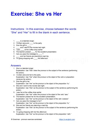 Exercise: She vs Her ; A free printable PDF grammar worksheet