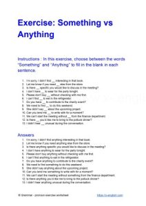 Exercise: Something vs Anything ; A free printable PDF grammar worksheet