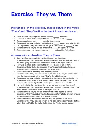 Exercise: They vs Them ; A free printable PDF grammar worksheet