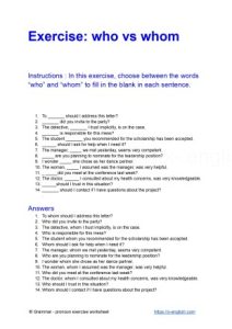Exercise: Who vs Whom ; A free printable PDF grammar worksheet