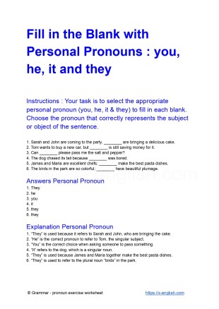 Fill in the Blank with Personal Pronouns : you, he, it and they with free pdf grammar worksheet