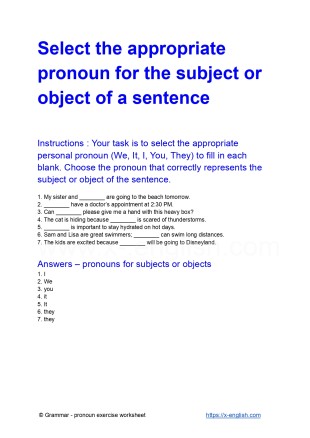 Select the appropriate pronoun for the subject or object of a sentence with a free printable PDF grammar worksheet