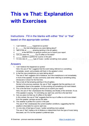 This vs That: Explanation with Exercises ; A free printable PDF grammar worksheet